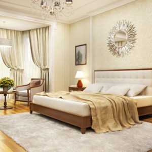 Transitional Design Bedroom with white, beige and wood