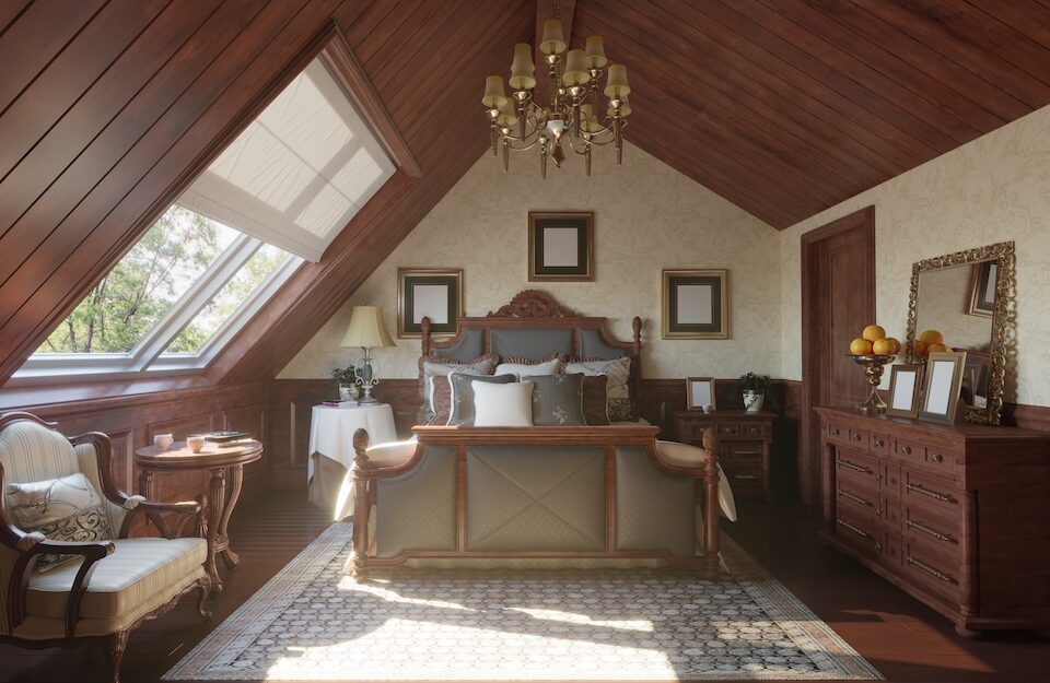 Traditional Bedroom Design with wood furniture and chandelier