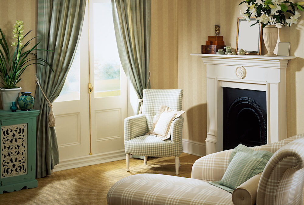 Traditional Living Room Design with blues and yellow colors and a chimney