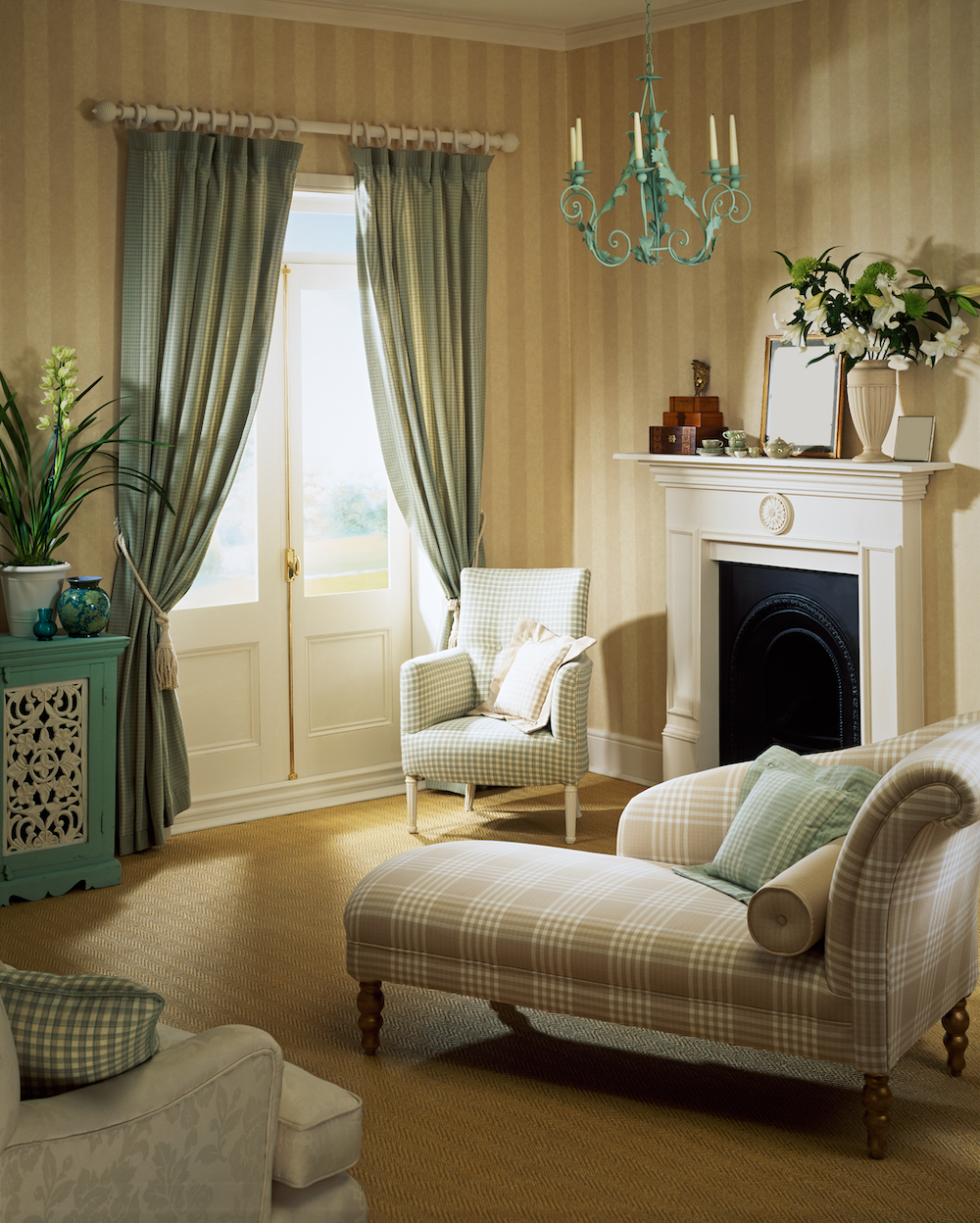 Traditional Living Room Design with blues and yellow colors and a chimney