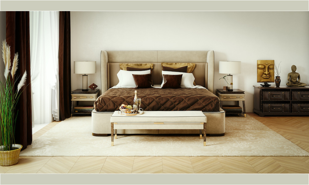 Classy Bedroom Design. Digitally generated cozy and elegant bedroom interior design.
The scene was rendered with photorealistic shaders and lighting in Autodesk® 3ds Max 2019 with V-Ray 3.7 with some post-production added. Contemporary-Bedroom-beige-and-brown