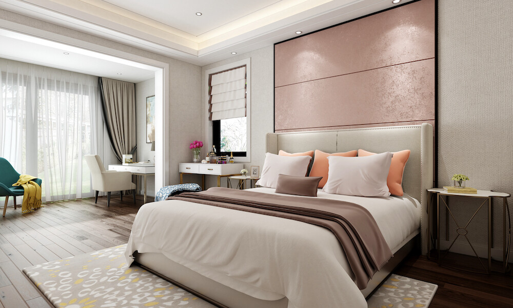 Contemporary Bedroom beige rose with sitting area