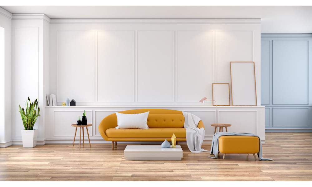 Modern Living Room Design Minimalist orange couch and ottoman with white and blue walls