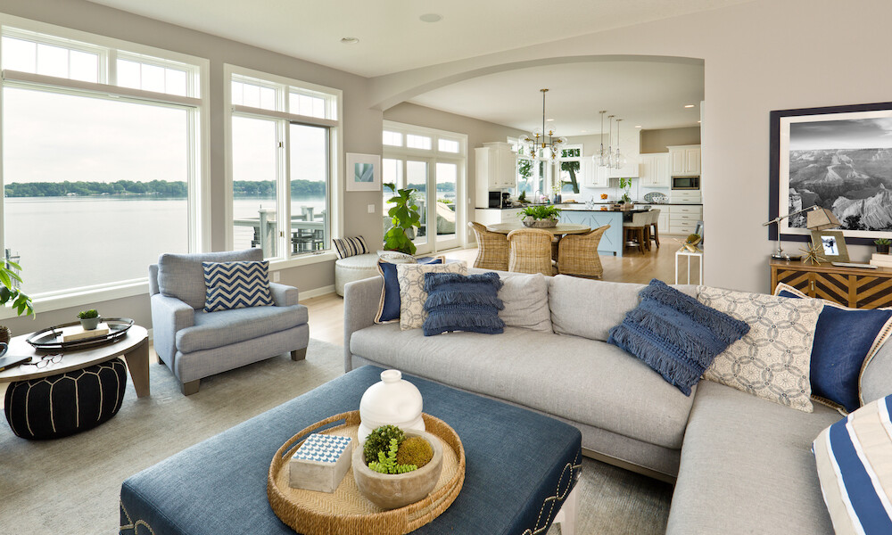 Contemporary Contemporary Living Room Open plan showing kitchen light grey and blue with view of the lake