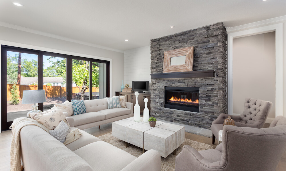 Contemporary Living Room beige taupe and fireplace with stone