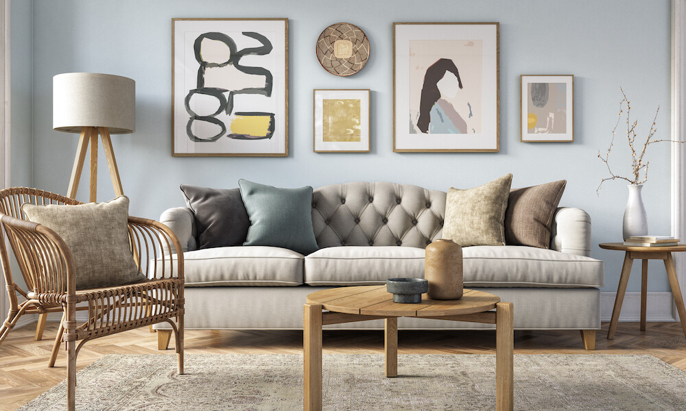 Eclectic Design Style Living Room in Neutral colors, beige and light blue
