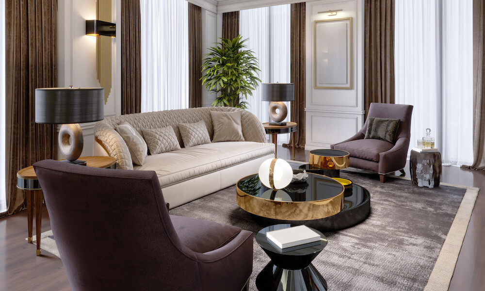 Hollywood Regency Design Style with beige, Maroon, and black