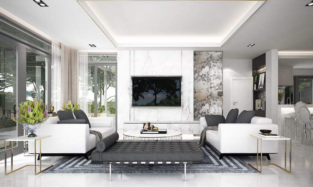 Modern Modern Interior Design Style Open Living Space with Living Room, Kitchen and Dining Room in white, grey, brass and chrome accents