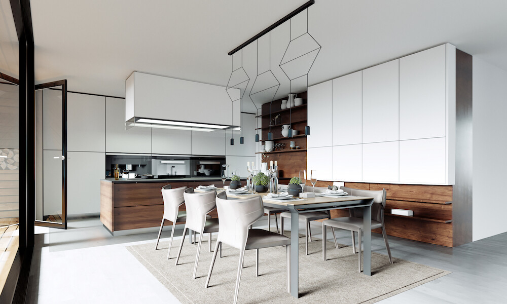 Modern Design Style Open Space Kitchen and Dinning Room in white, wood grey and beige