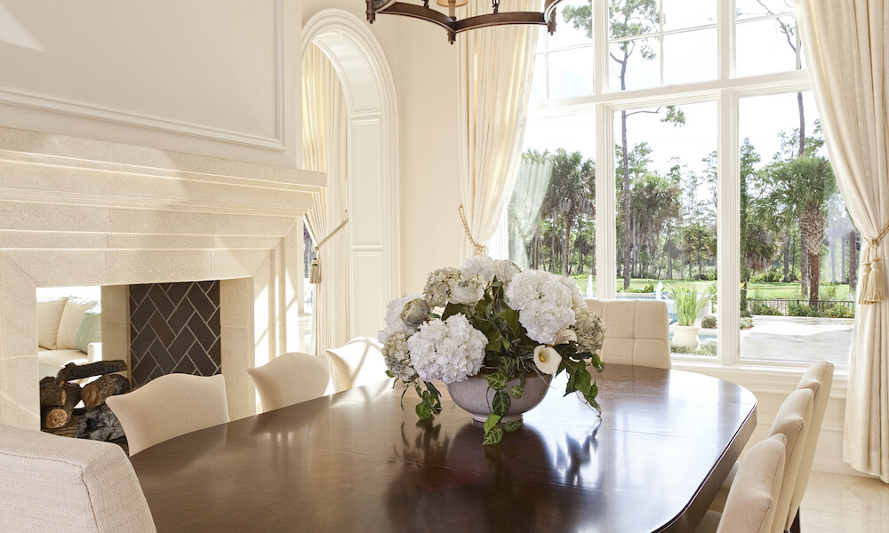 Transitional Design Dining Room with fireplace in beige with wood