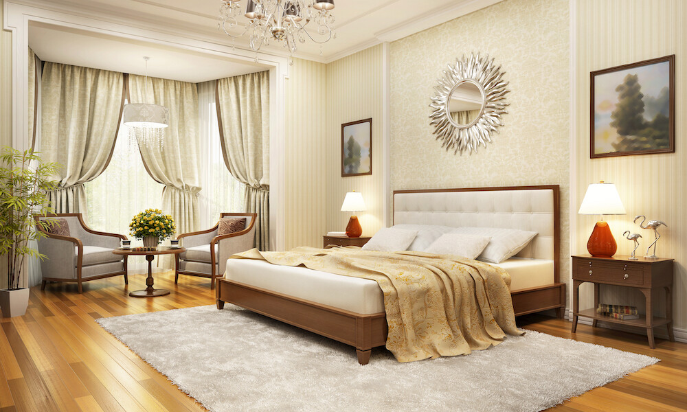 Transitional Design Style Master Bedroom with beige and gold