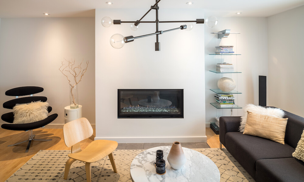 Contemporary Design Style Living Space with Fireplace in black, white and neutral colors