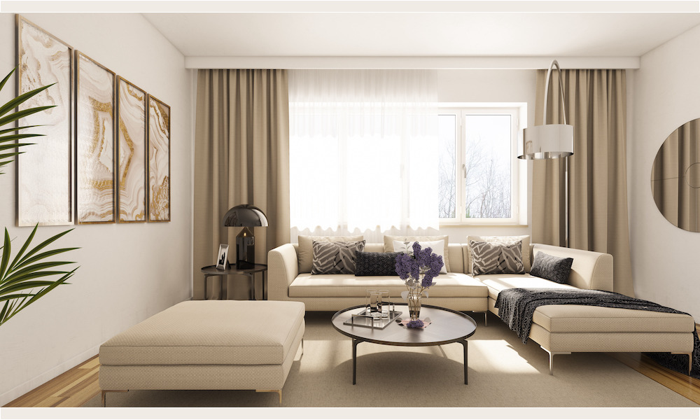 Contemporary Design Living Room Beige L shaped sofa with neutral colors for drapery