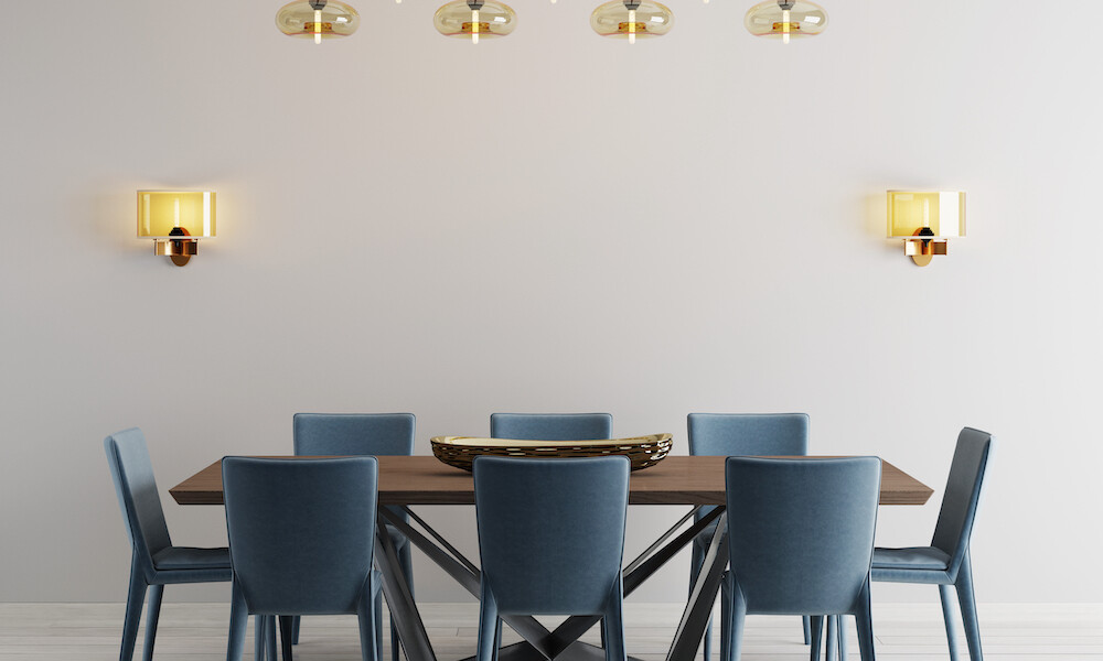 Modern Dining Room Design with blue chairs concrete table