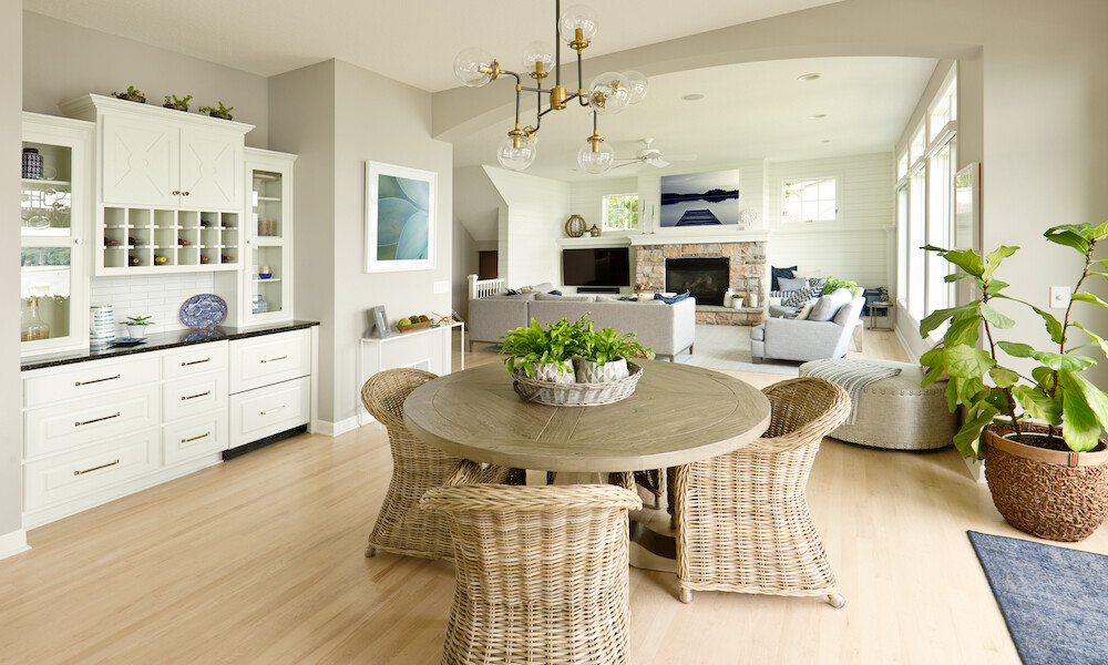 Beachy Nautical Design Open Living Room with Kitchen Home Wellness Interior Design