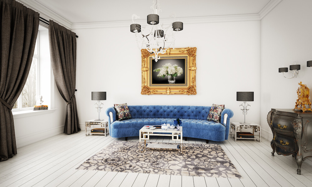 Digitally generated luxurious and stylish living room interior design with high quality handcrafted sofa and vintage furniture.
The scene was rendered with photorealistic shaders and lighting in Autodesk® 3ds Max 2016 with V-Ray 3.6 with some post-production added.