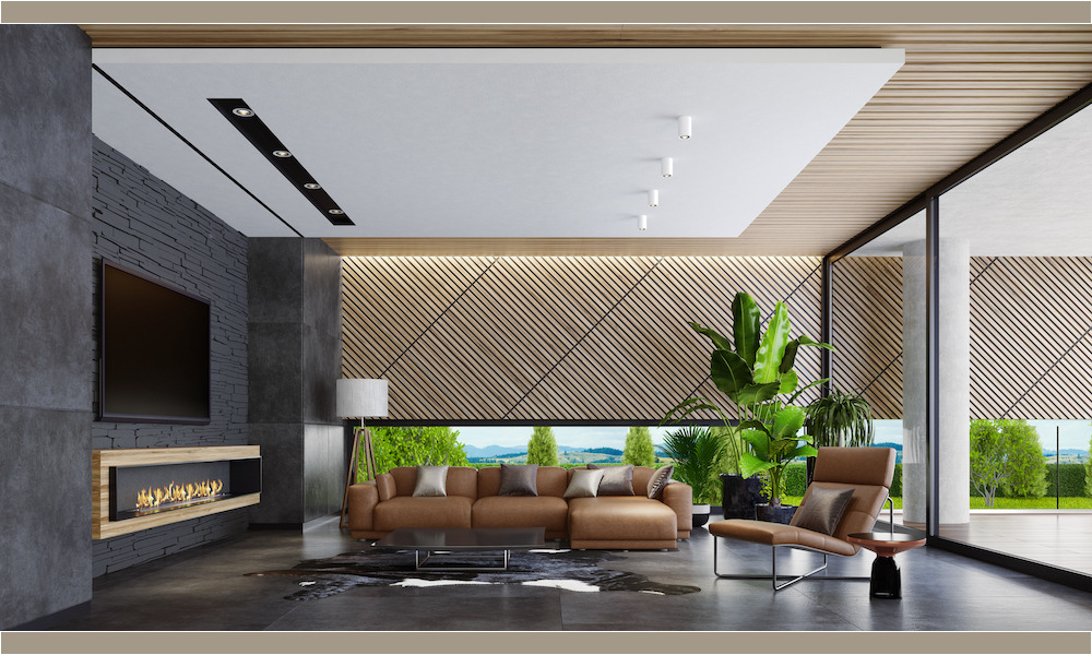 Modern Open Space Living Room Design with grey and beige furniture