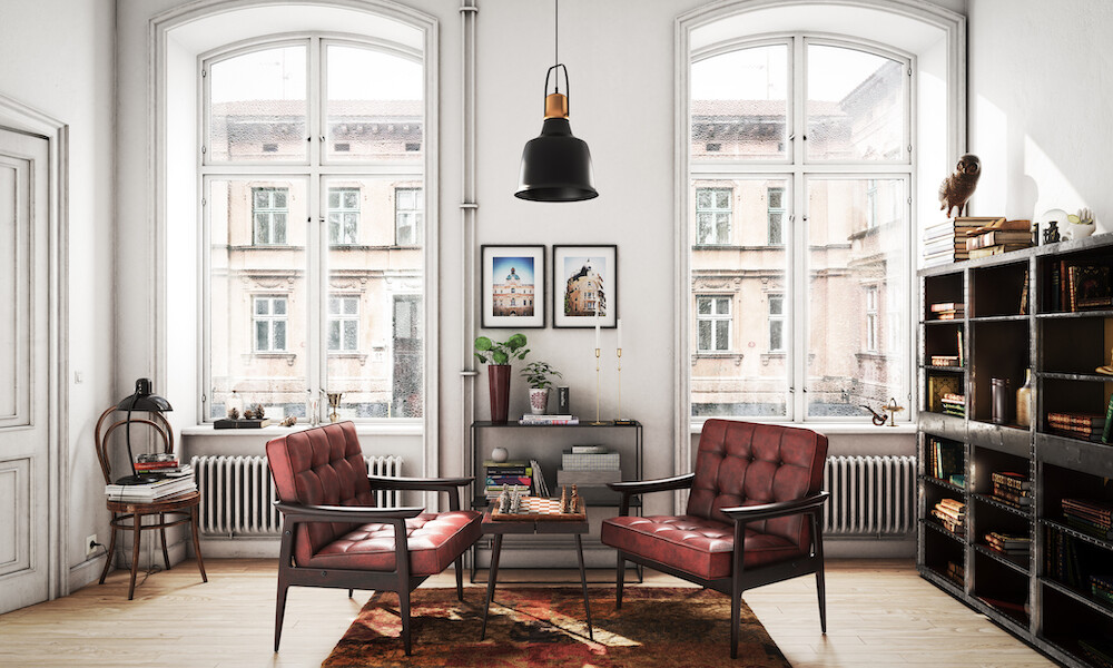 Cozy Scandinavian home interior scene with a medium-sized bookshelf with lots of books and props, two old leather chairs, a small table with a chess board table and a rectangular rug under the table and the chairs.
The scene was rendered with photorealistic shaders and lighting in Autodesk® 3ds Max 2016 with V-Ray 3.6 with some post-production added.