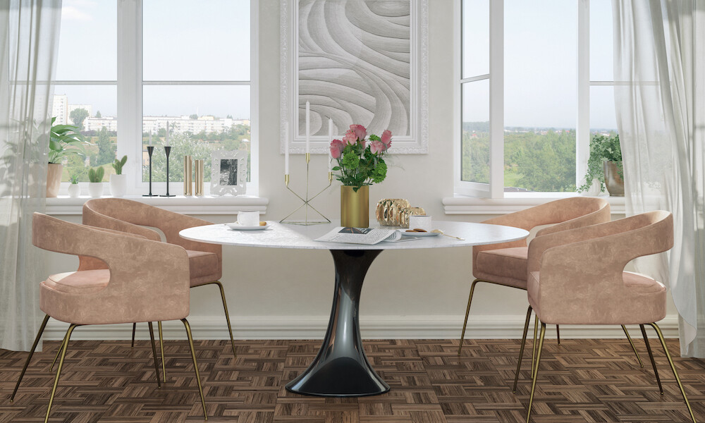 Picture of elegant dining chairs and round table with decoration. Render image.
