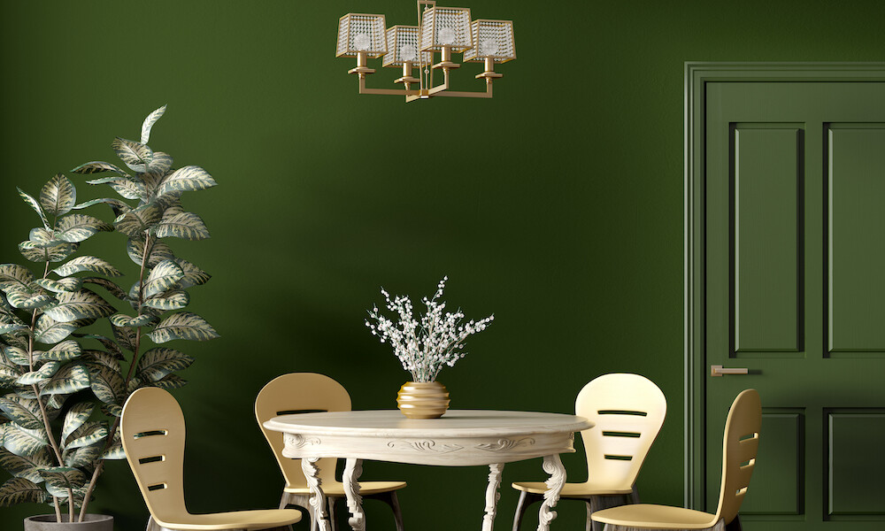 Interior of modern dining room, wooden classic table and yellow chairs against dark green wall with door 3d rendering