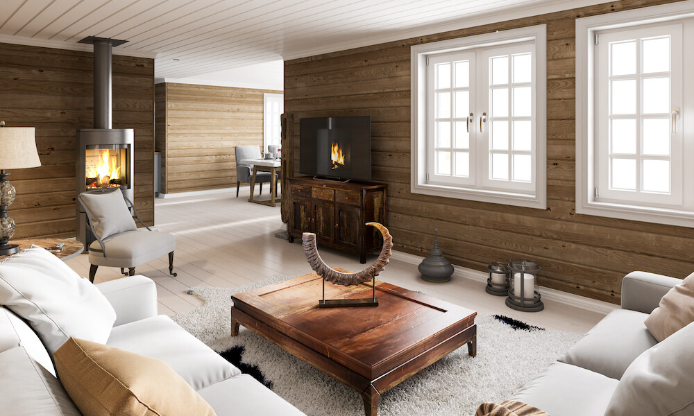 Wooden house interior. Render image.