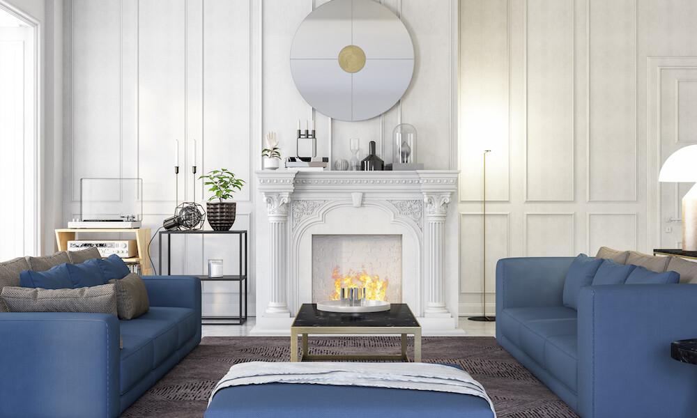 Modern Living Room Interior with Fireplace and Furniture.