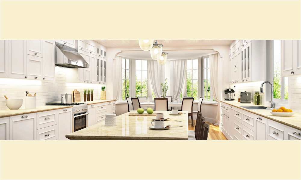 Transitional Design Kitchen with Dining Table in white and natural colors