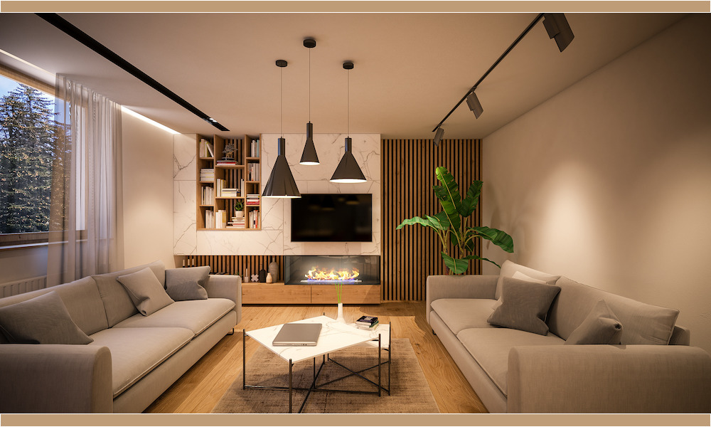 Modern Open Space Living Room Design with grey furniture