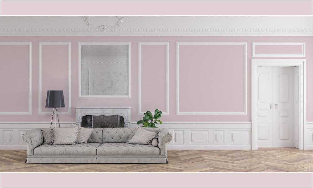Empty glamour living room with light gray sofa and decoration on hardwood floor in front of empty pale pink antique wall with copy space, a fireplace on the left and a door on the right. Slight vintage effect added. 3D rendered image.