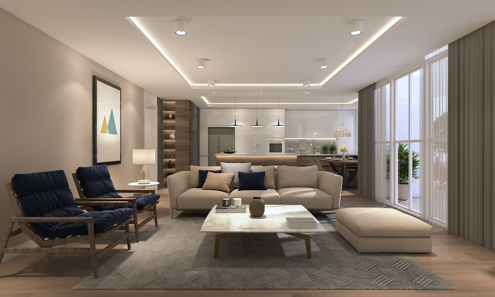 Modern Open Space Living Room Design with grey and beige furniture