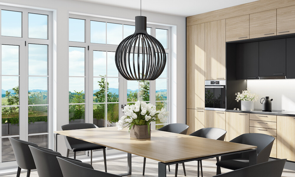 Modern Dining Room and Kitchen with black chairs and wood table