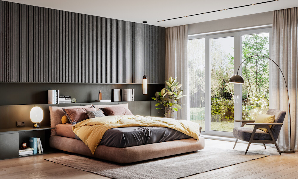 Modern Bedroom with grey, yellow and orange