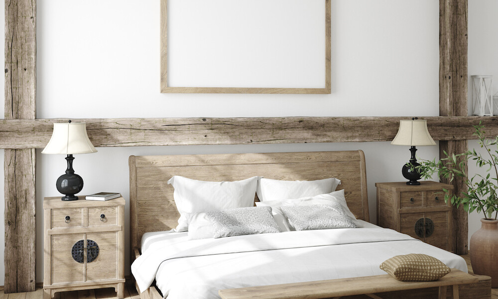 Eclectic Design Style Bedroom with natural wood and white linens