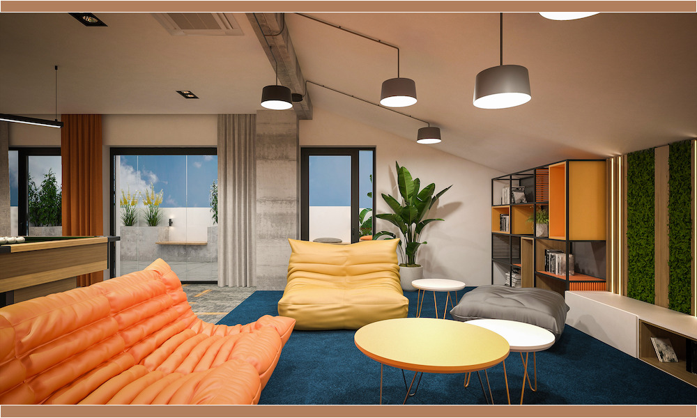 Modern Open Space Living Room Design with orange and yellow furniture