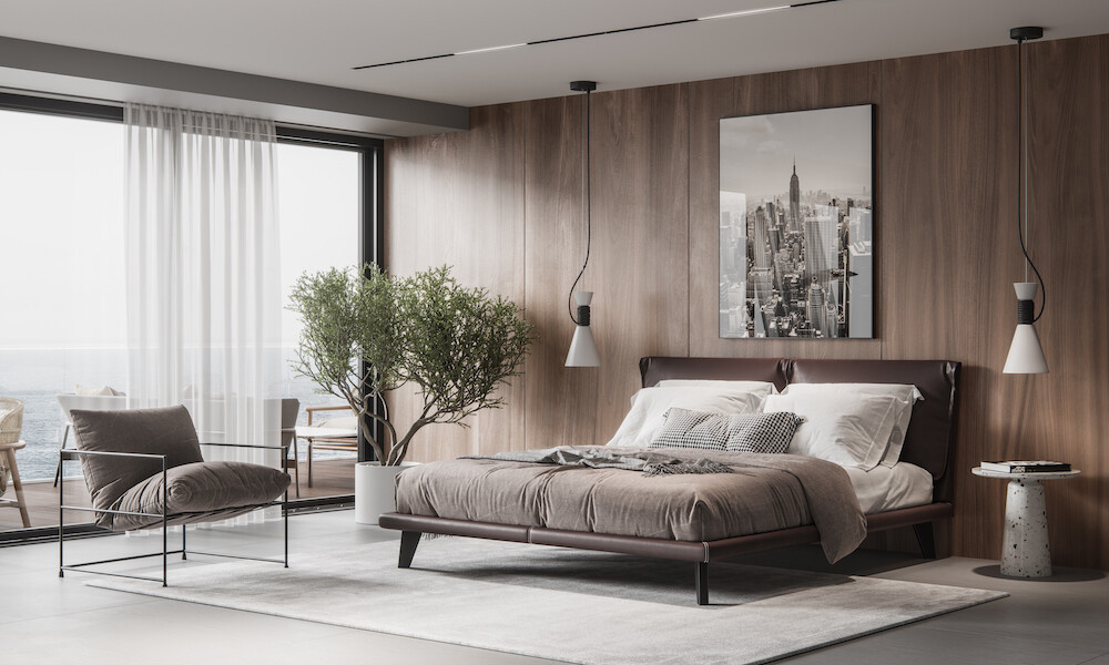 Modern Bedroom Design with minimalist wood furniture, grey and white colors