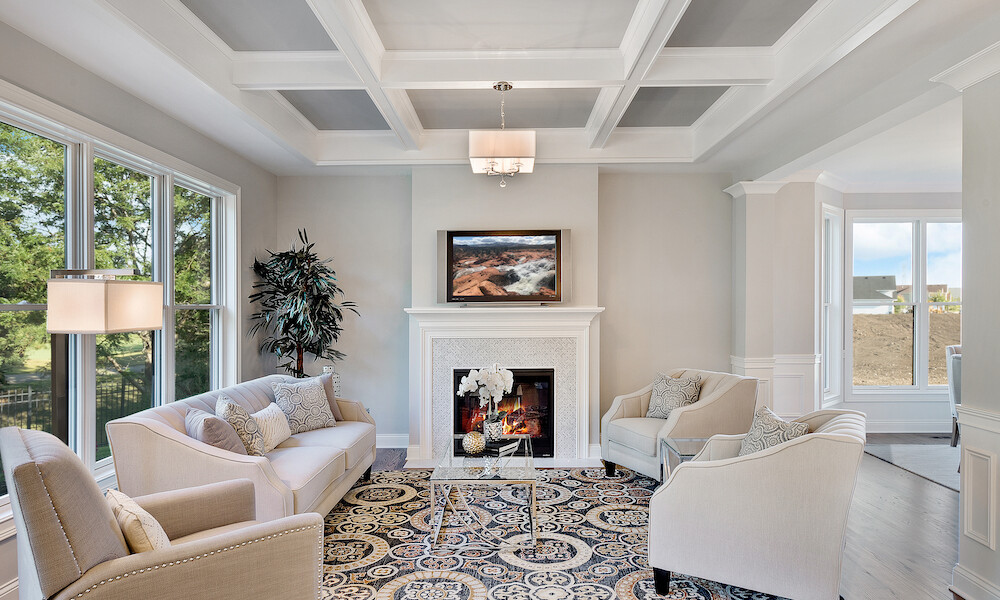 Transitional Design Living Room with white and beige furniture and white fireplace