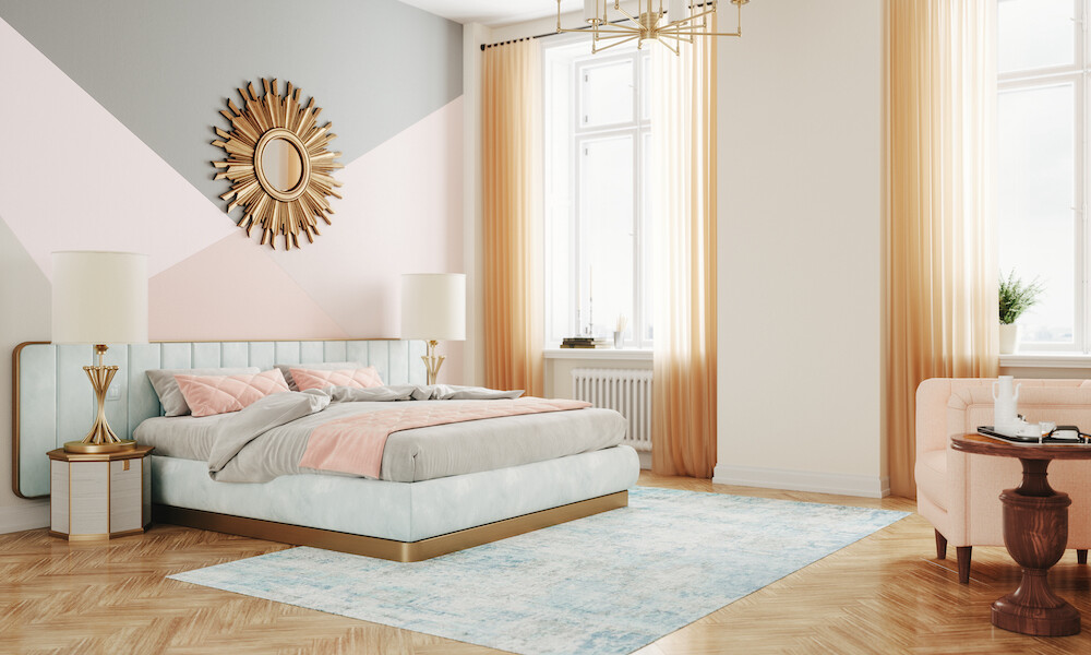 Interior of a luxury retro style bedroom in pink color.