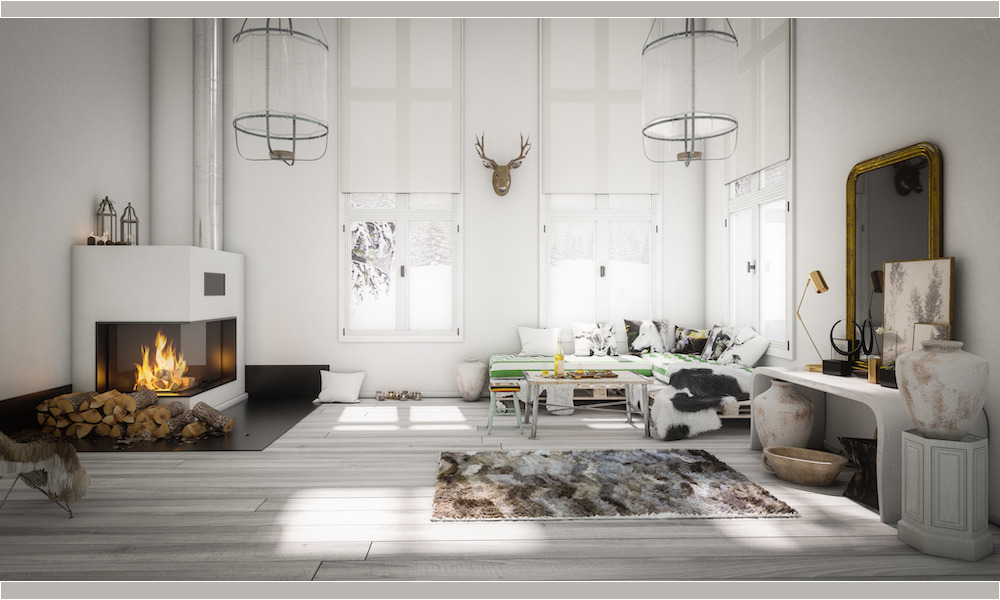 Vintage Interior Design/ Scandinavian Home with high ceiling in white, brass and wood. Open Living space with chimney, tall lighting and animal print rug and throw.