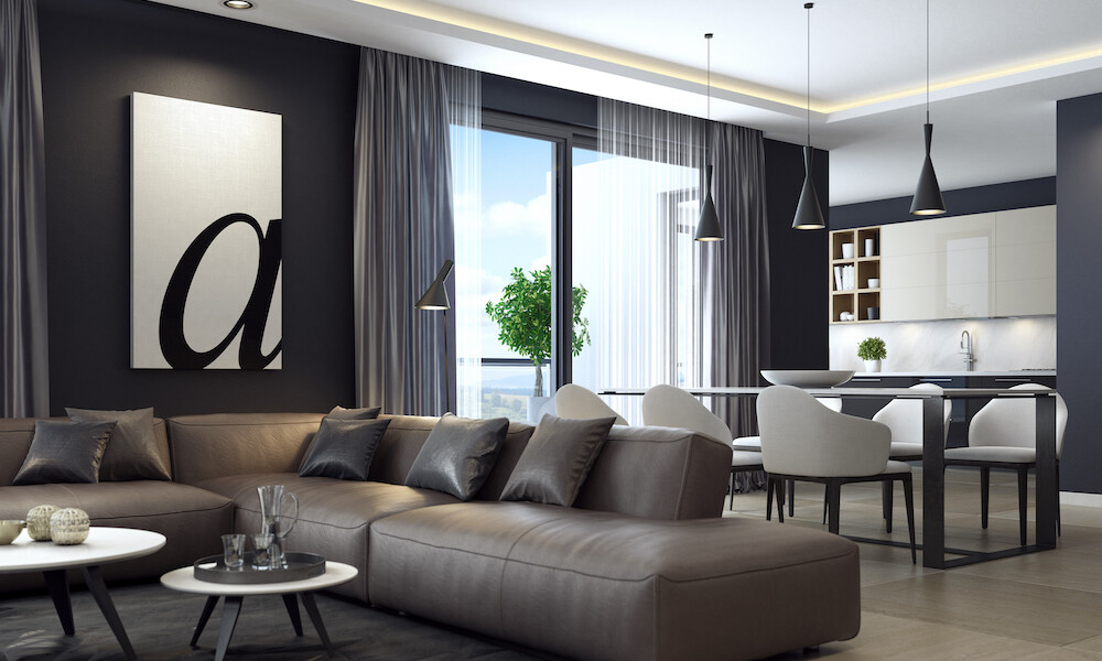 Modern Open Space Living Room Design with grey and white furniture