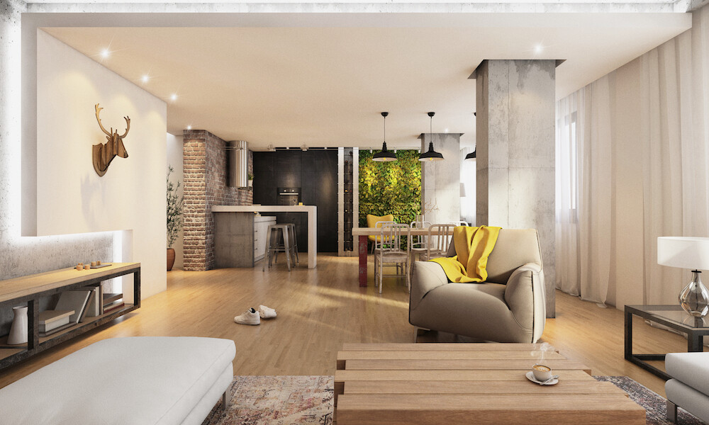 Modern hipster living room interior with wooden floor, armchair, open space with light, decoration, brick wall. Kitchen in the back, and green wall. Horizontal render. no people.