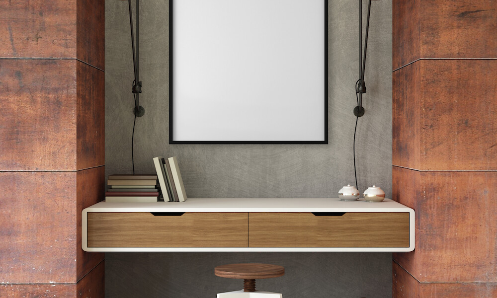 Interior office room scene with blank picture frame. Office desk with chair, plant,wall light, decoration. Hipster modern design template. wooden table,. concrete gray wall and rustic panels. square frame mock up render. wall background picture frame template