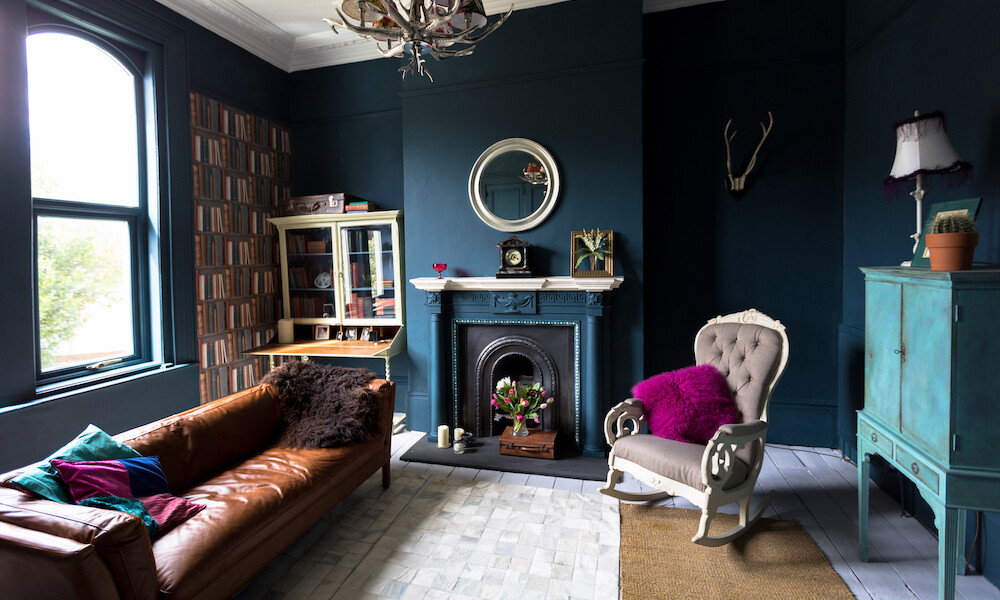 Living room with high ceilings and architectural features