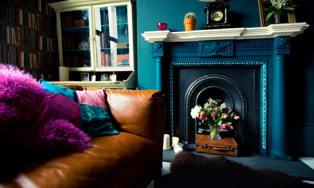Living room with high ceilings and architectural features