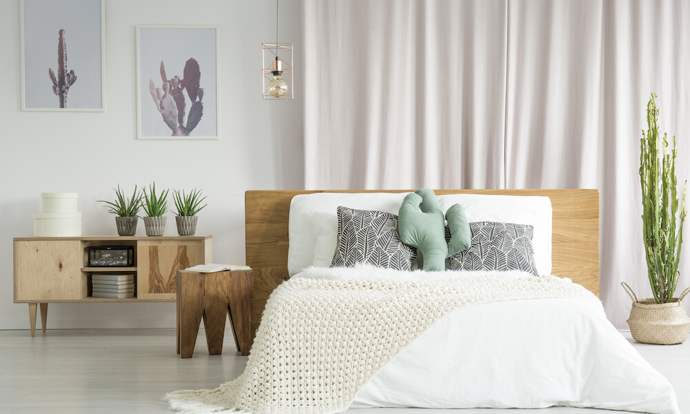 Raw wood furniture and cactus pillow in bedroom