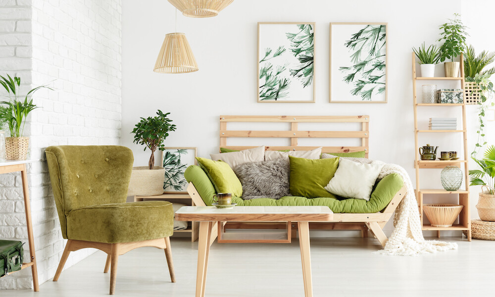 Eclectic Design Style Living Room with lime green and wood sofa, green chair and natural color lamps | Home Wellness Interior Design
